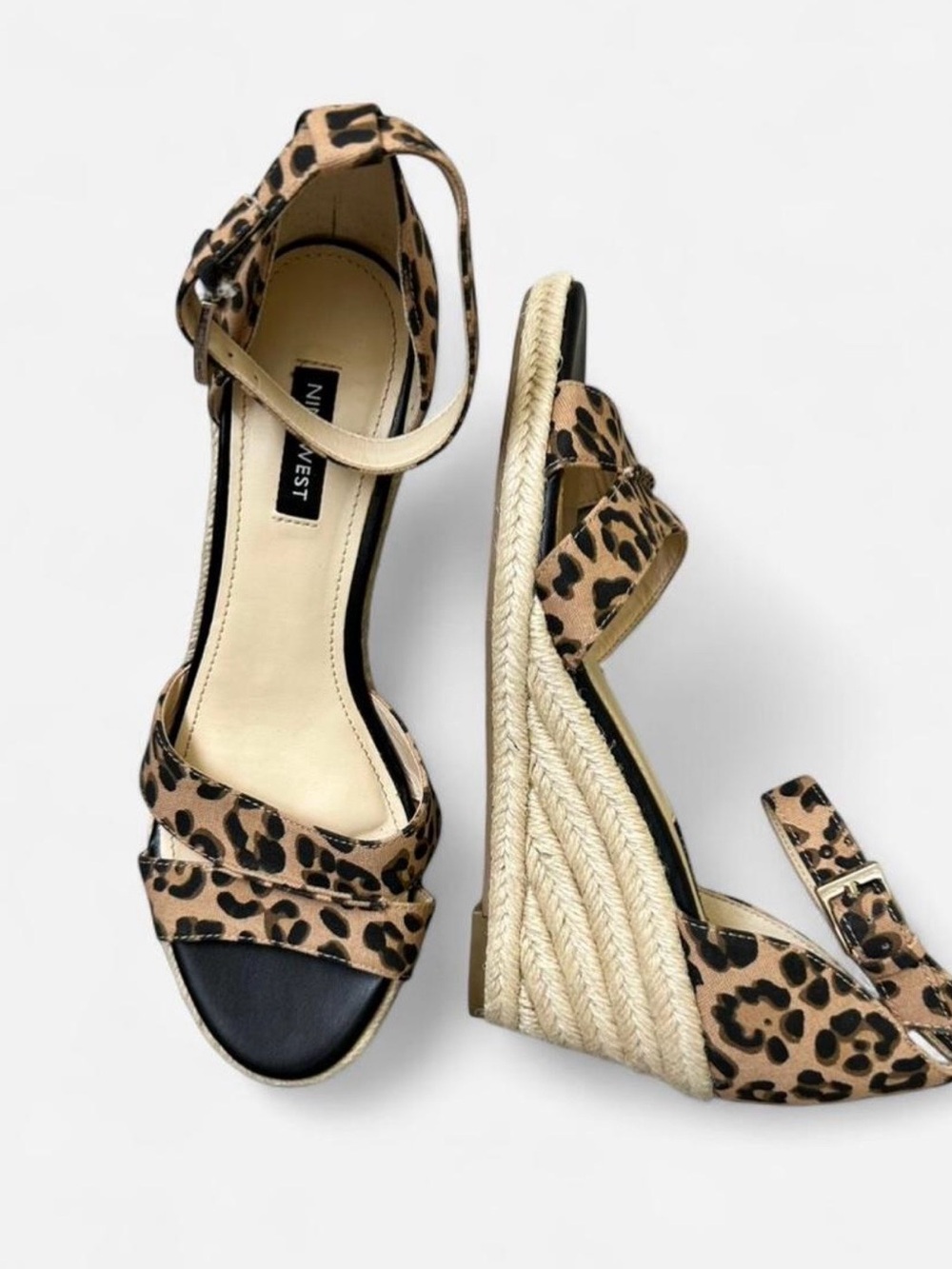 Nine West Leopard Print Wedge Sandals in Tan and Black